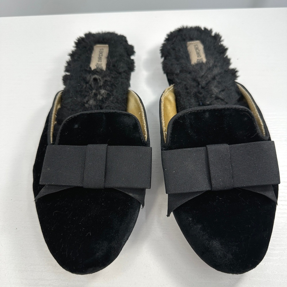 Birdies faux fur bow slippers 5.5 mule style travel mid 2000's goth dark romance